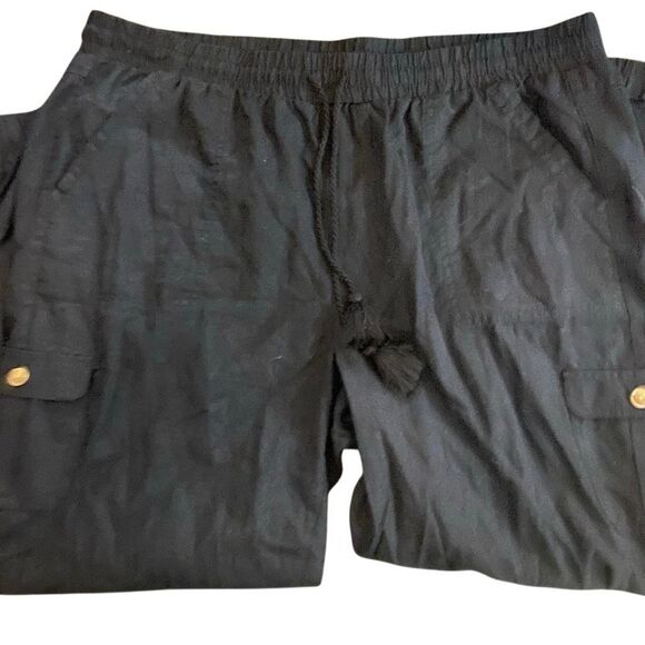 Caffe Marrakesh XL Black Linen Crop Pants Pockets Drawstring Waist Lightweight - Picture 5 of 8